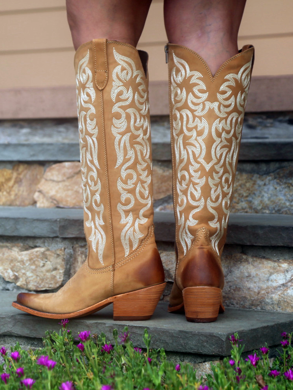 Round Pointed-Toe Embroidery Full-Zip Tall Knee High Cowgirl Boots - Honey