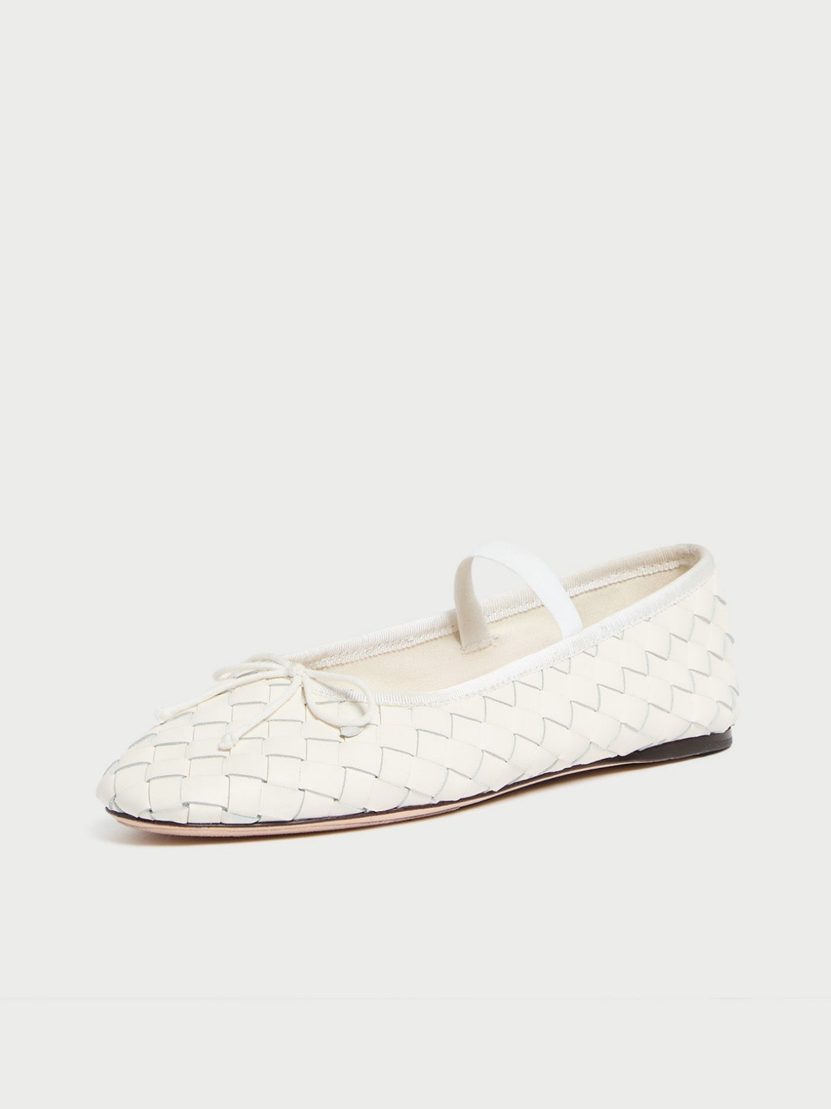 White Woven Bow Round-Toe Ballerina Flats Mary Janes With Elastic Band