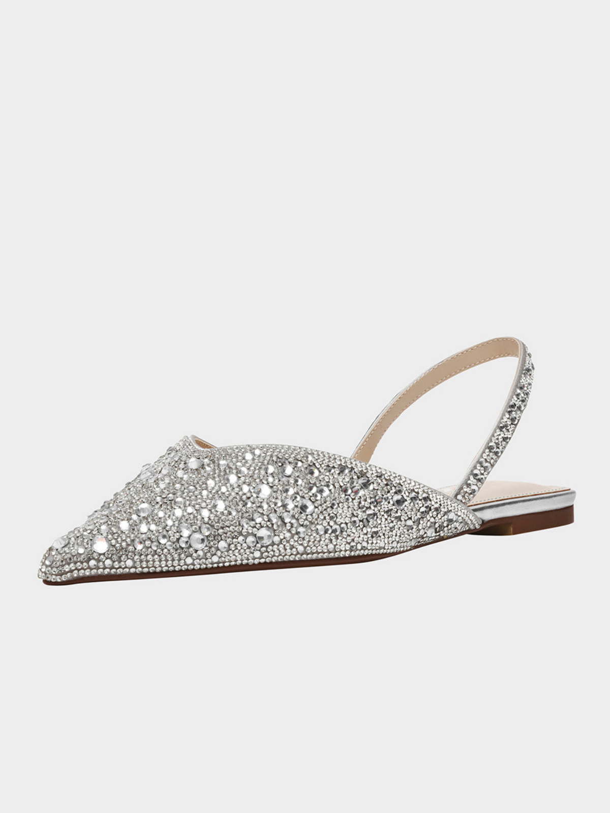 Metallic Silver Pointed-Toe Rhinestone Slingback Ballet Flats