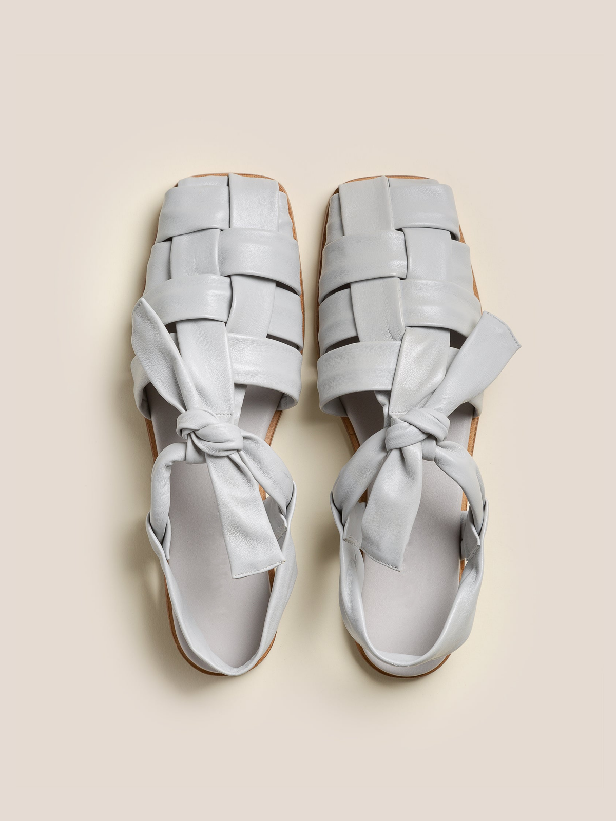 Fog Grey Interwoven Square-Toe Flats Sandals With T-Strap Knotted Bow