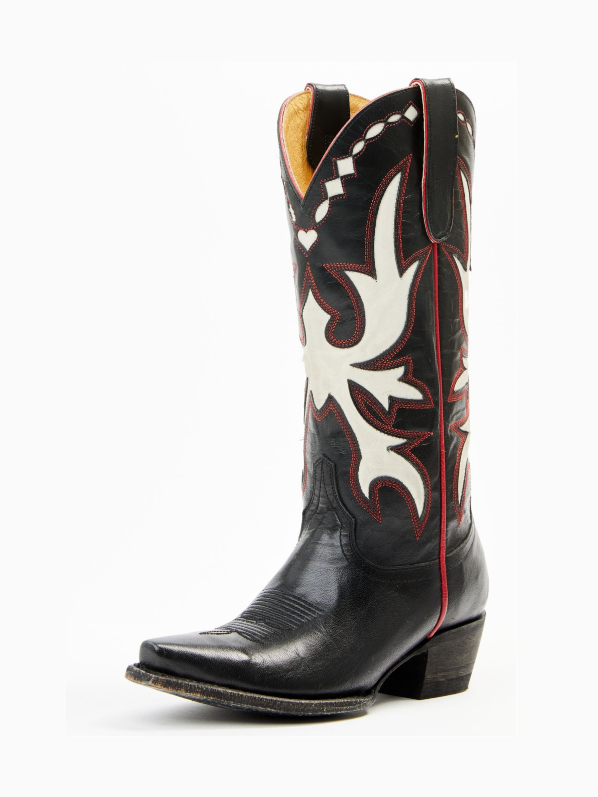 Black Snip-Toe Embroidery White Inlay Tall Wide Mid Calf Western Boots