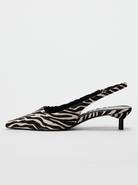 Zebra Print Faux Suede Pointed-Toe Back Strap Slingback Kitten Heel