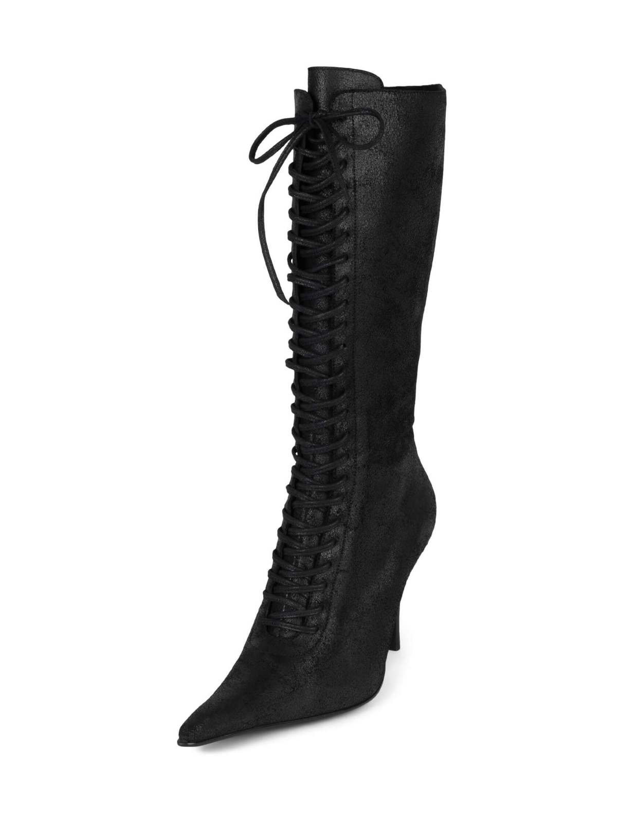 Distressed Black Pointed-Toe Lace-Up Full-Zip Mid Calf Stiletto Boots