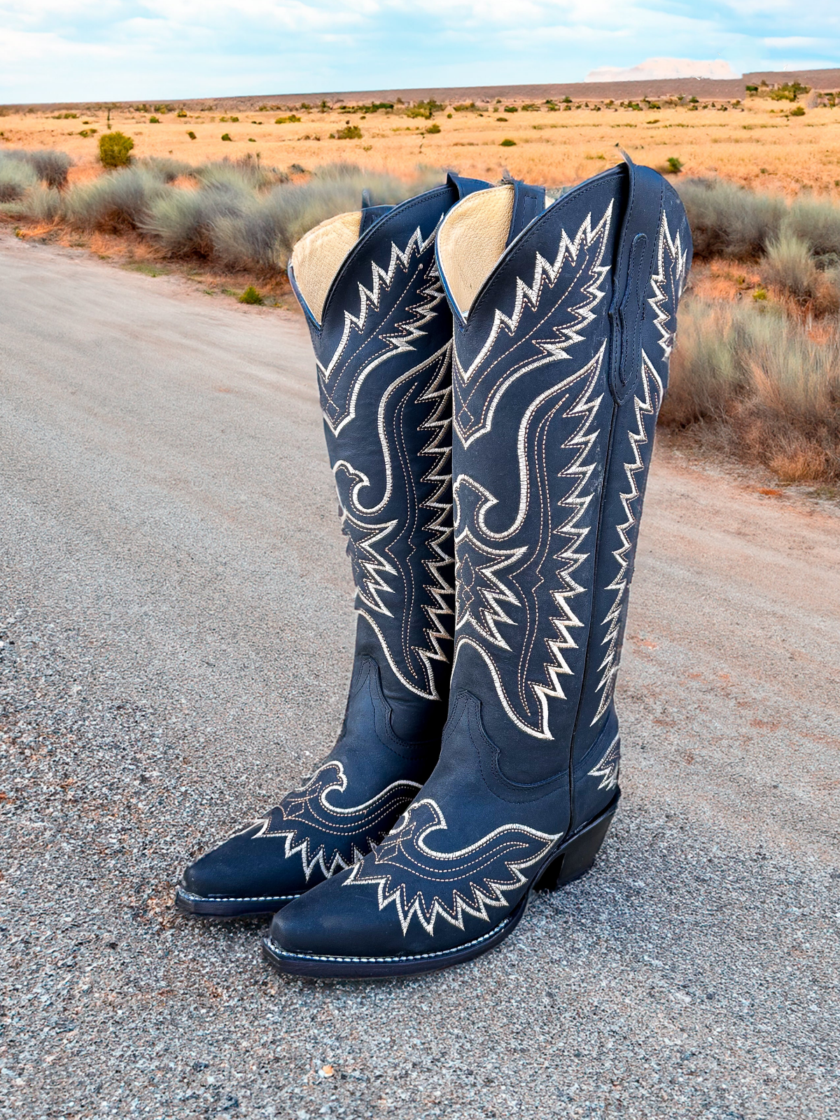 White Eagle Embroidery Snip-Toe Wide Calf Knee High Tall Cowgirl Boots - Black