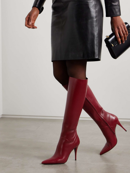 Red Pointed-Toe Full-Zip Simple Mid Calf Stiletto Boots
