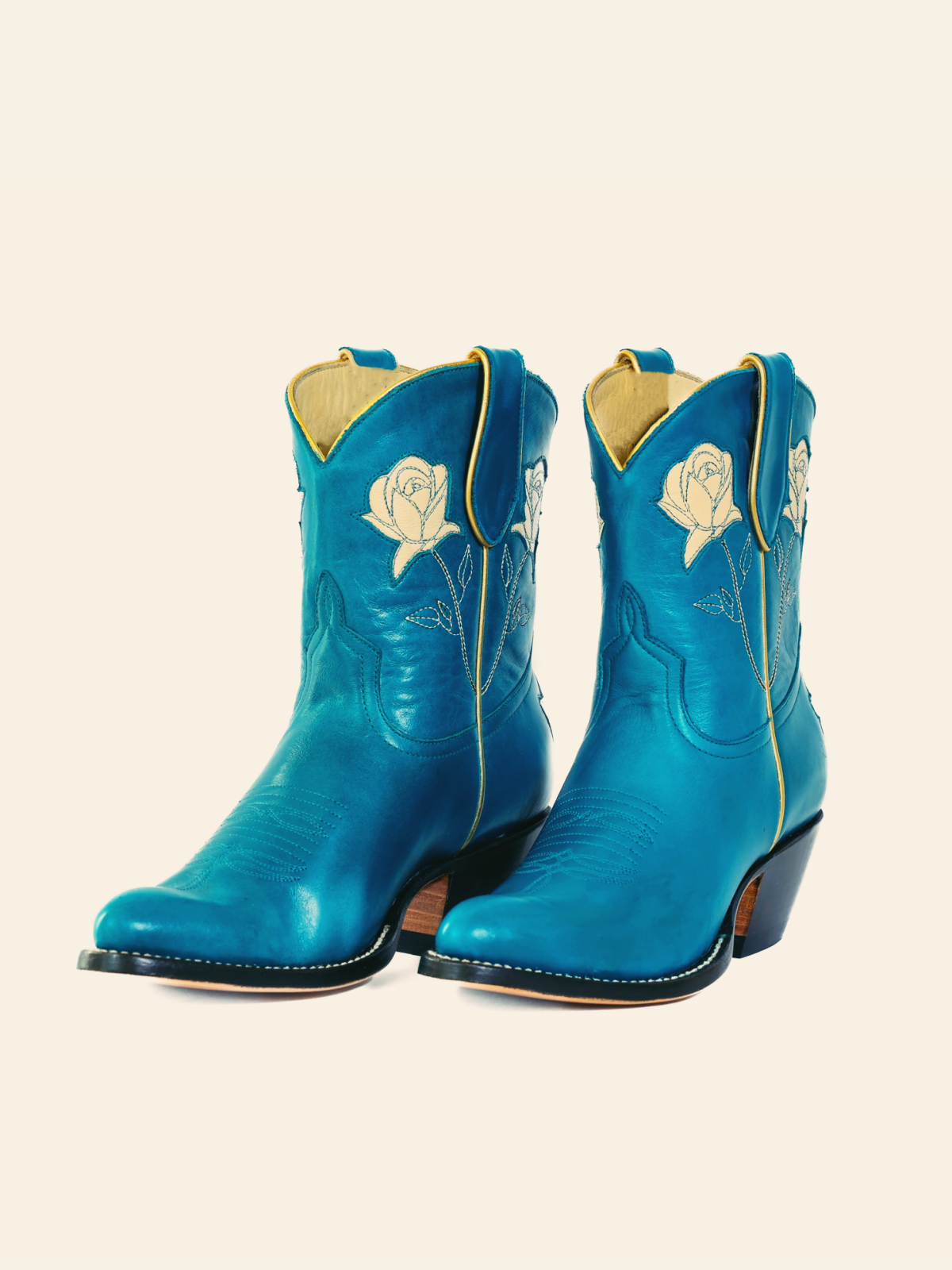 Steel Blue Almond-Toe Cowgirl Ankle Booties With White Rose Inlay