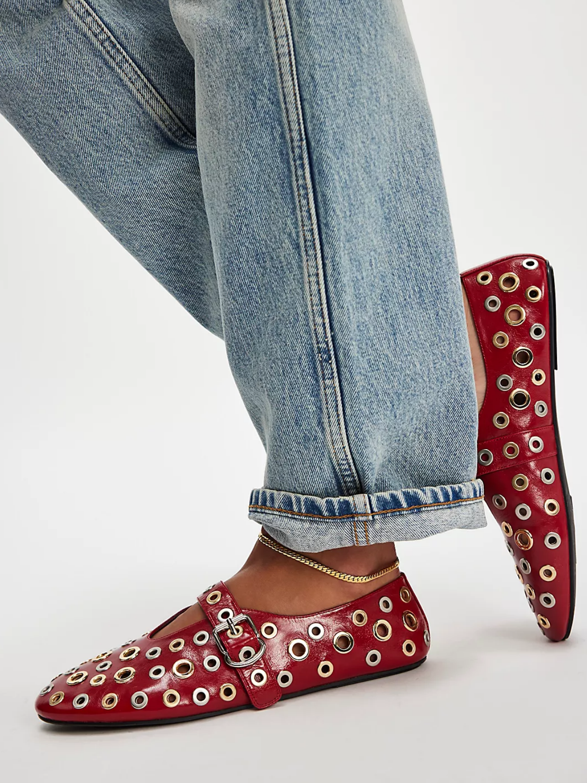 Red Round-Toe Bridge Strap Metallic Eyelets Ballet Mary Janes Flats