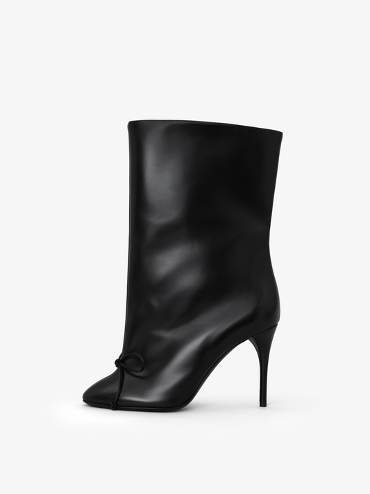 Black Round-Toe Short Wide Mid Calf Stiletto Boots With A Knot