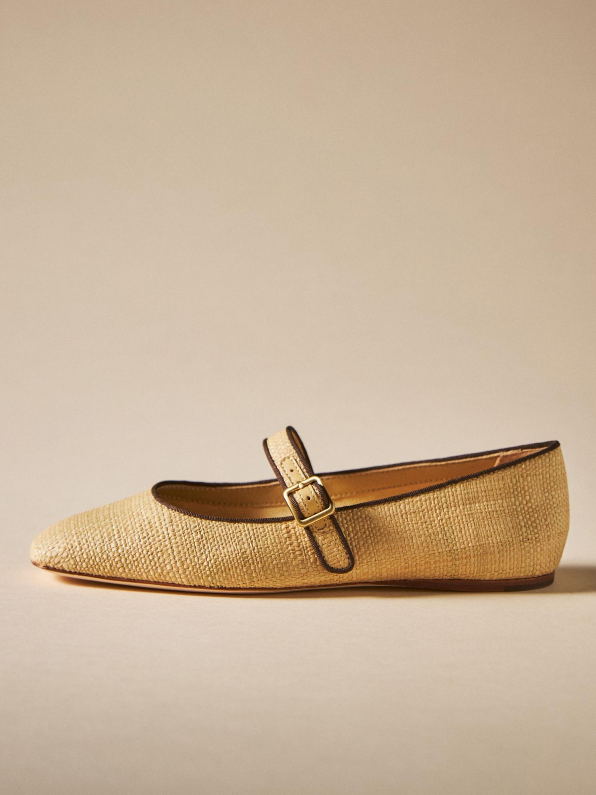 Sand Woven Square-Toe Boho Flats Mary Janes With Buckled Strap