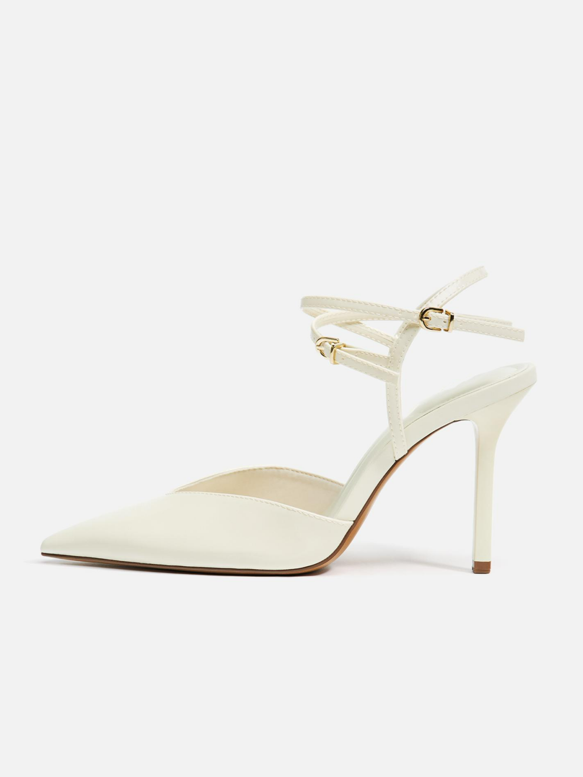 White Patent Pointed-Toe Double Buckle Ankle Strap Slingback Pump High Heels