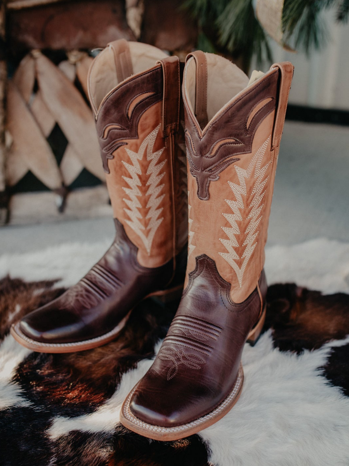 Contrast Tri-Color Square-Toe Embroidery Wide Mid Calf Cowgirl Boots