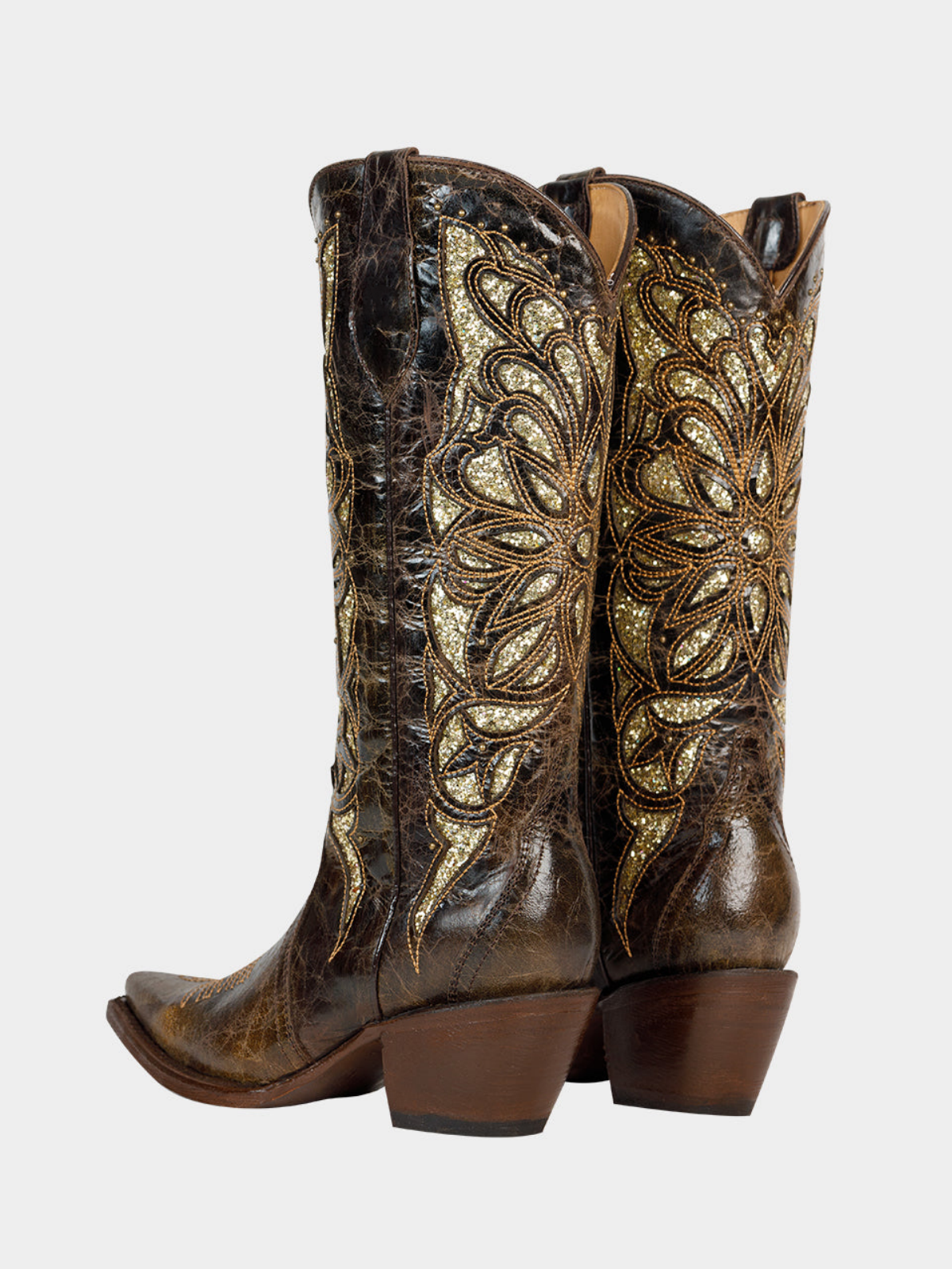 Distressed Chocolate Snip-Toe Studded Embroidery Glitter Inlay Wide Mid Calf Tall Cowgirl Boots