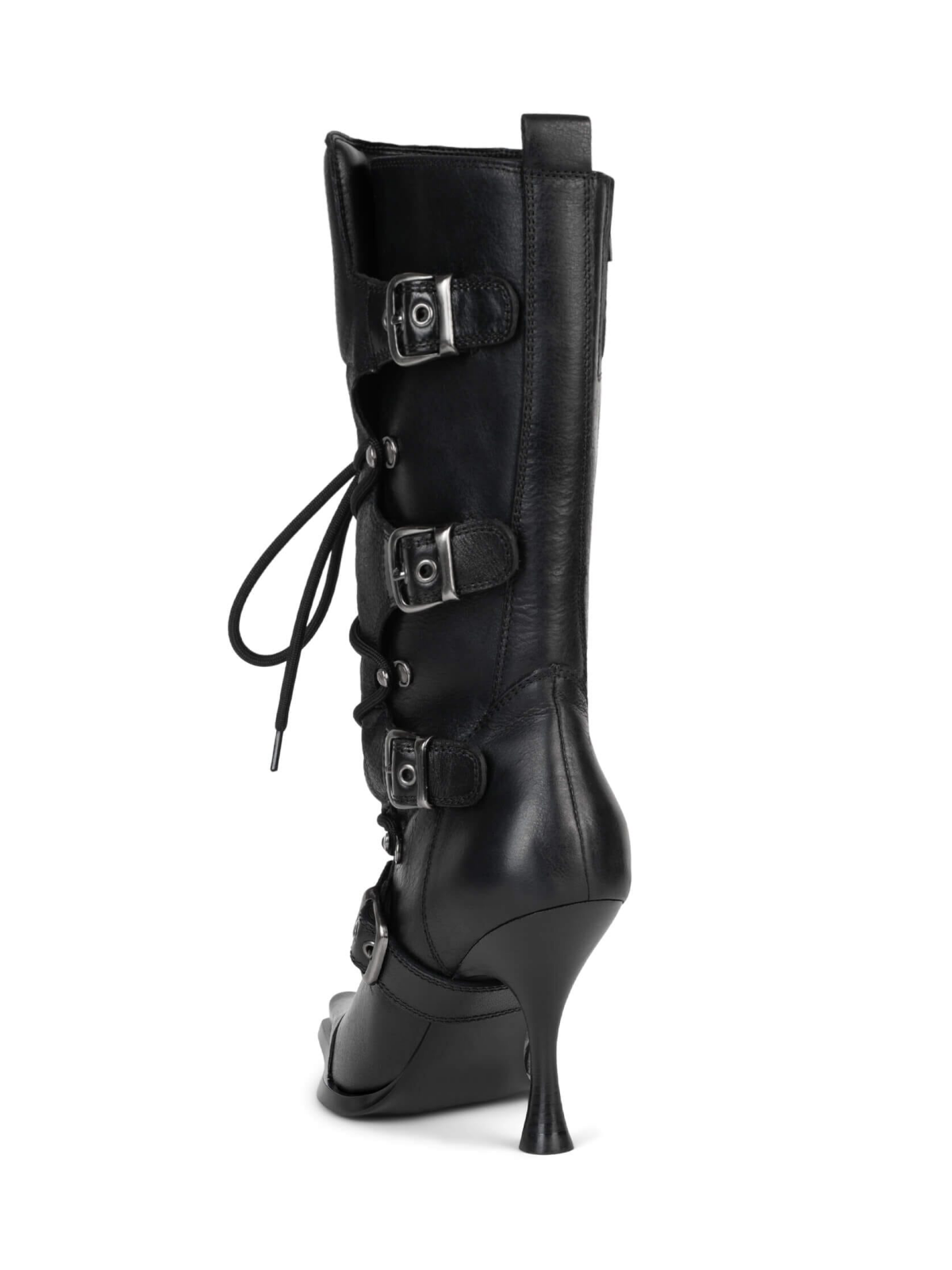 Black Pointed-Toe Full-Zip Lace-Up Mid Calf Moto-Inspired Stiletto Boots With Buckles