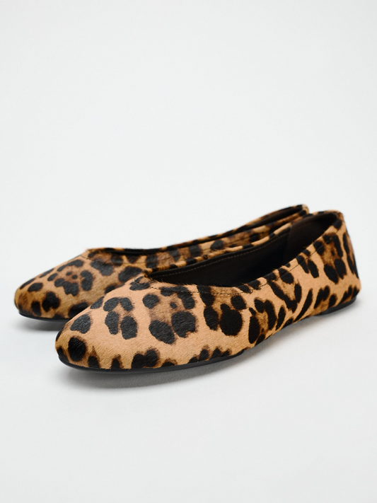 Faux Leopard Fur Round-Toe Ballet Flats Mary Janes