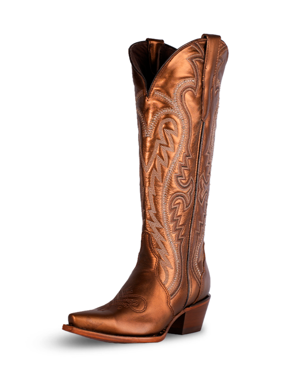 Metallic Copper Embroidery Snip-Toe Wide Calf Tall Knee High Cowgirl Boots