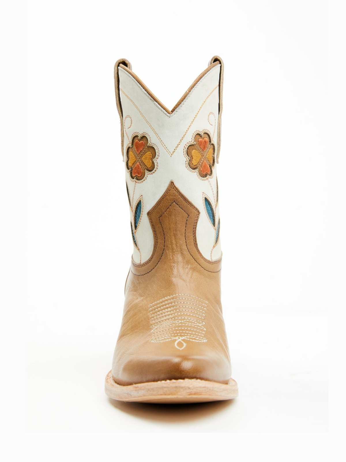 Contrast Tan And Ivory Almond-Toe Flowers Inlay Wide Mid Calf Cowgirl Boots