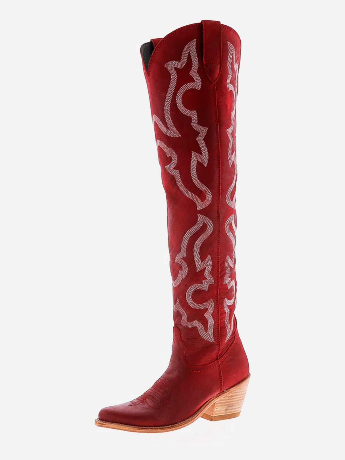 Red Faux Suede Embroidery Pointed-Toe Half-Zip Over-The-Knee Cowgirl Boots