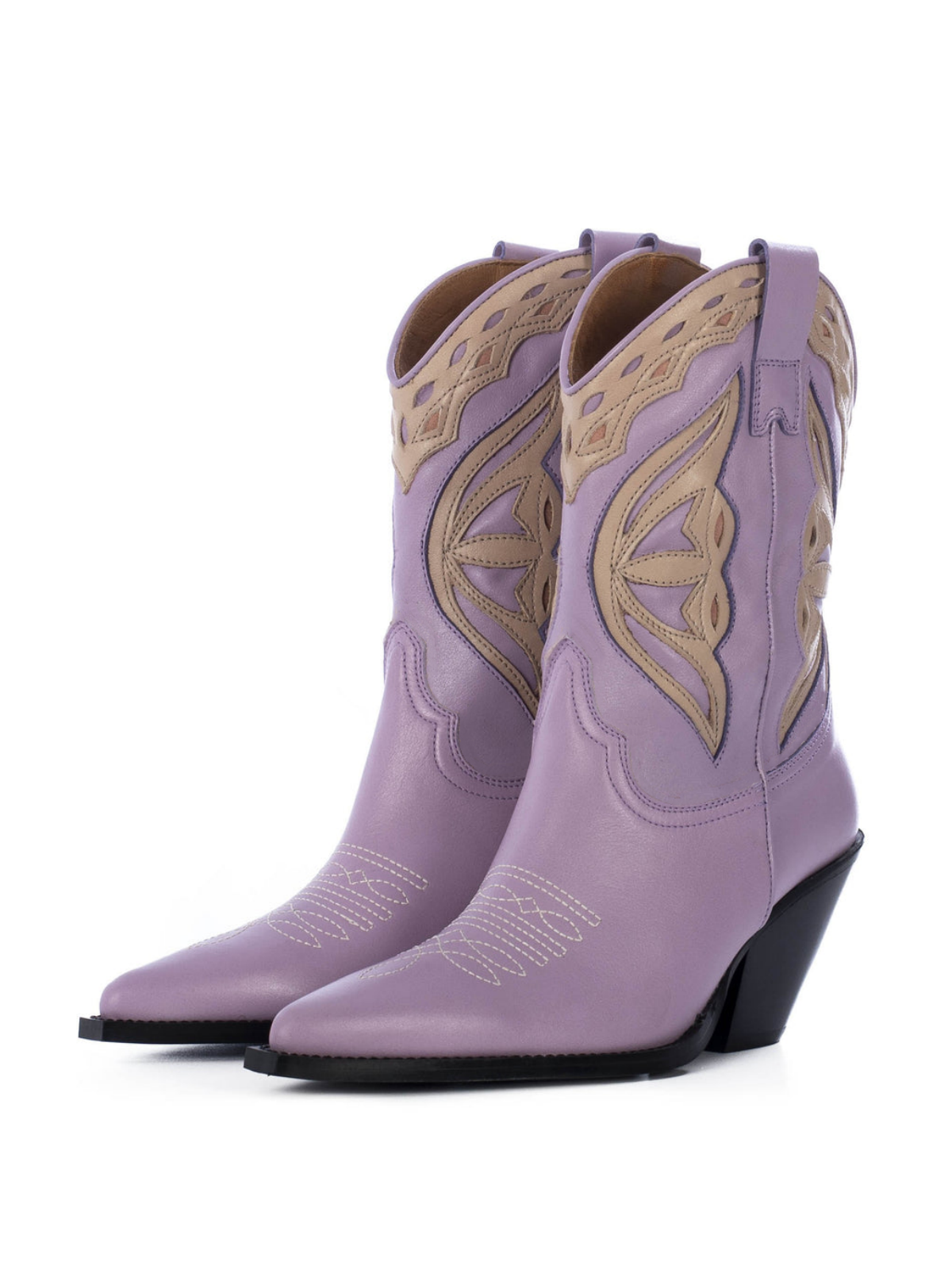 Lilac Purple Pointed-Toe Bone Inlay Applique Wide Mid Calf Cowgirl Boots