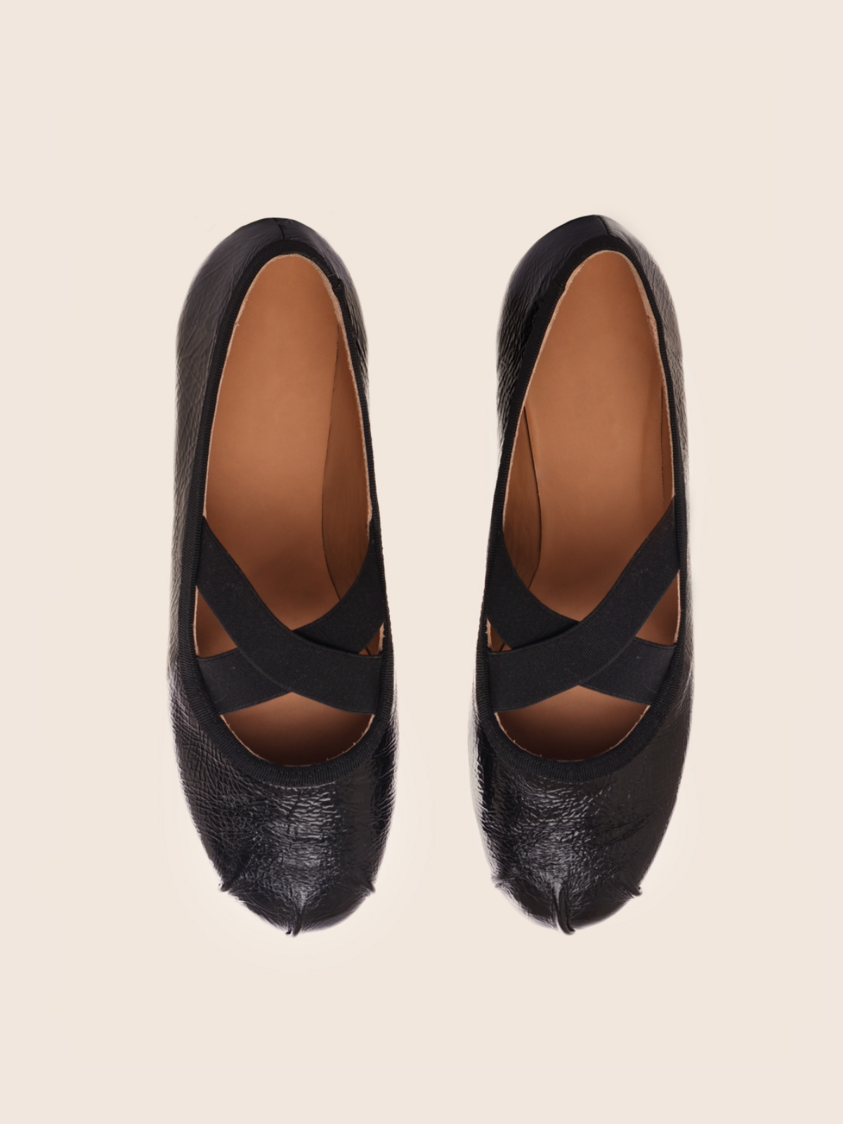 Glossy Black Round Toe Ballet Flats With Crossed Strap