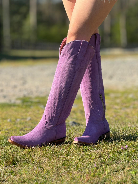 Faux Suede Snip-Toe Half-Zip Embroidery Knee High Tall Cowgirl Boots - Purple