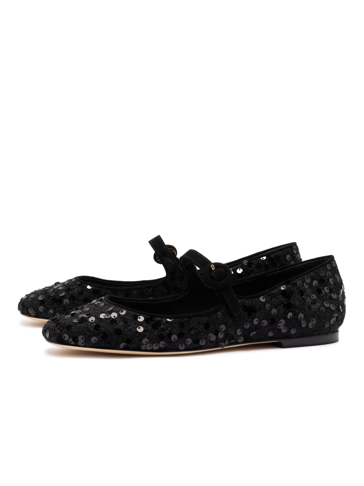 Black Faux Suede Round-Toe Bridge Starp Ballet Flats With Sequins