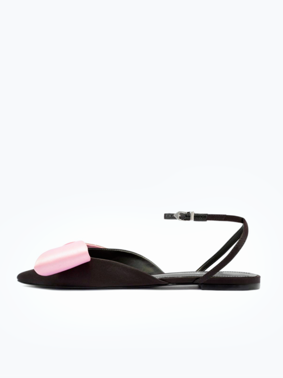 Black Satin Pink Rhinestone Bow Pointy Flats With Ankle Wrap Strap