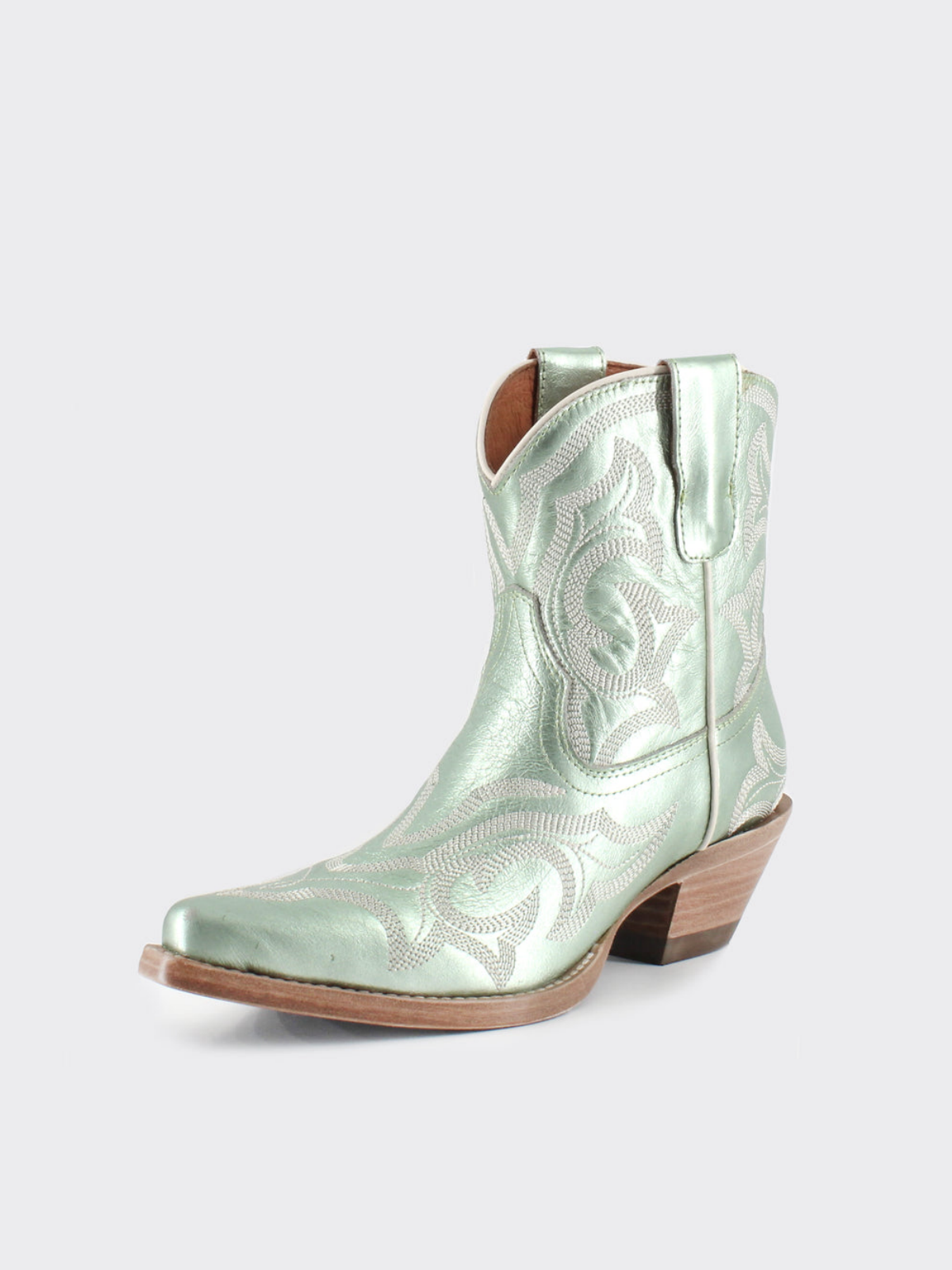 Embroidery Snip-Toe Wide Mid Calf Western Boots For Women - Metallic Mint Green