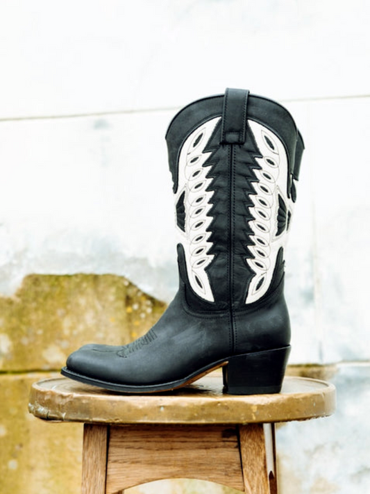 Black Round-Toe White Eagle Inlay Wide Mid Calf Cowgirl Boots