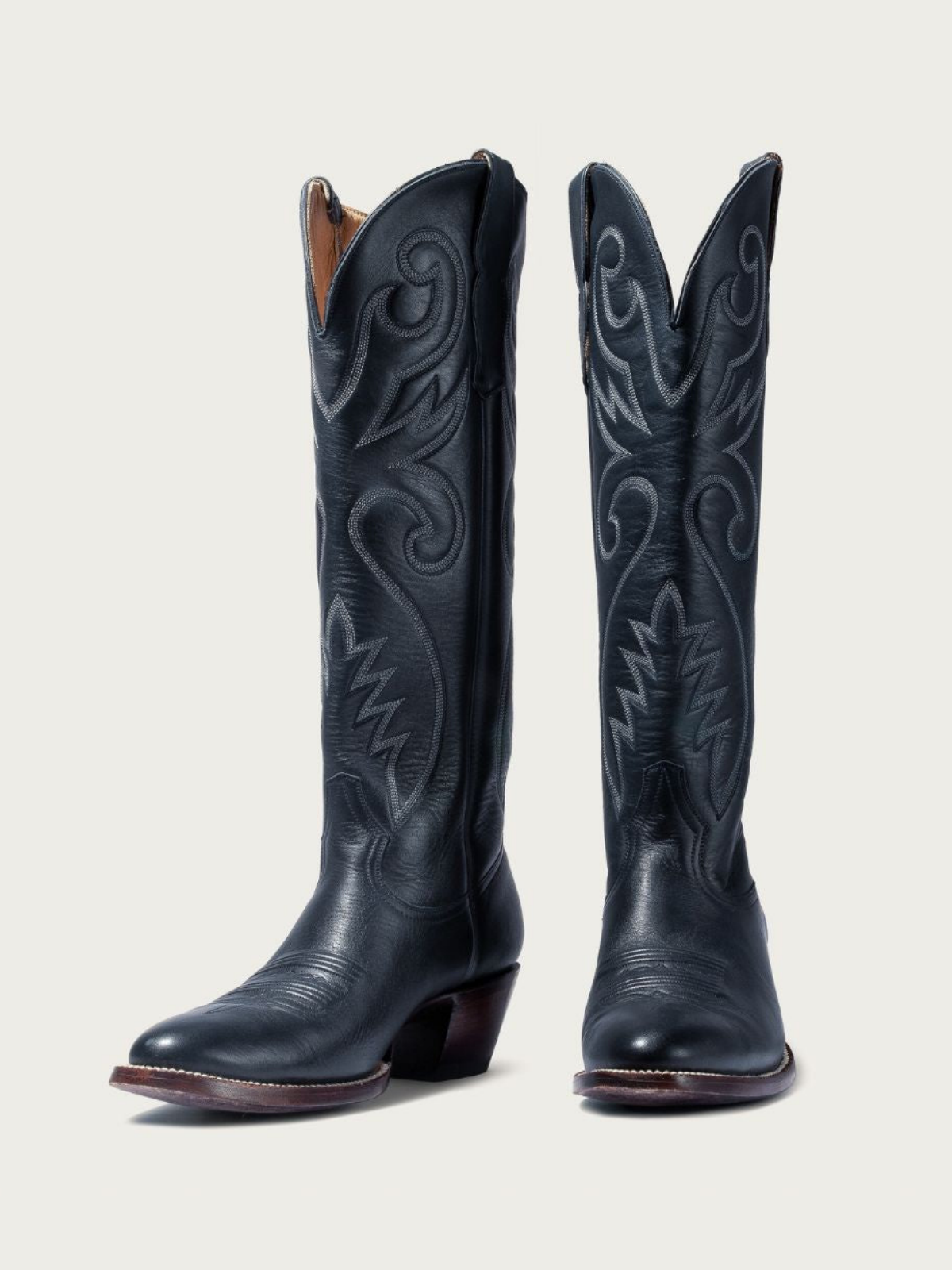 Navy Blue Embroidery Almond-Toe Wide Mid Calf Tall Cowgirl Boots