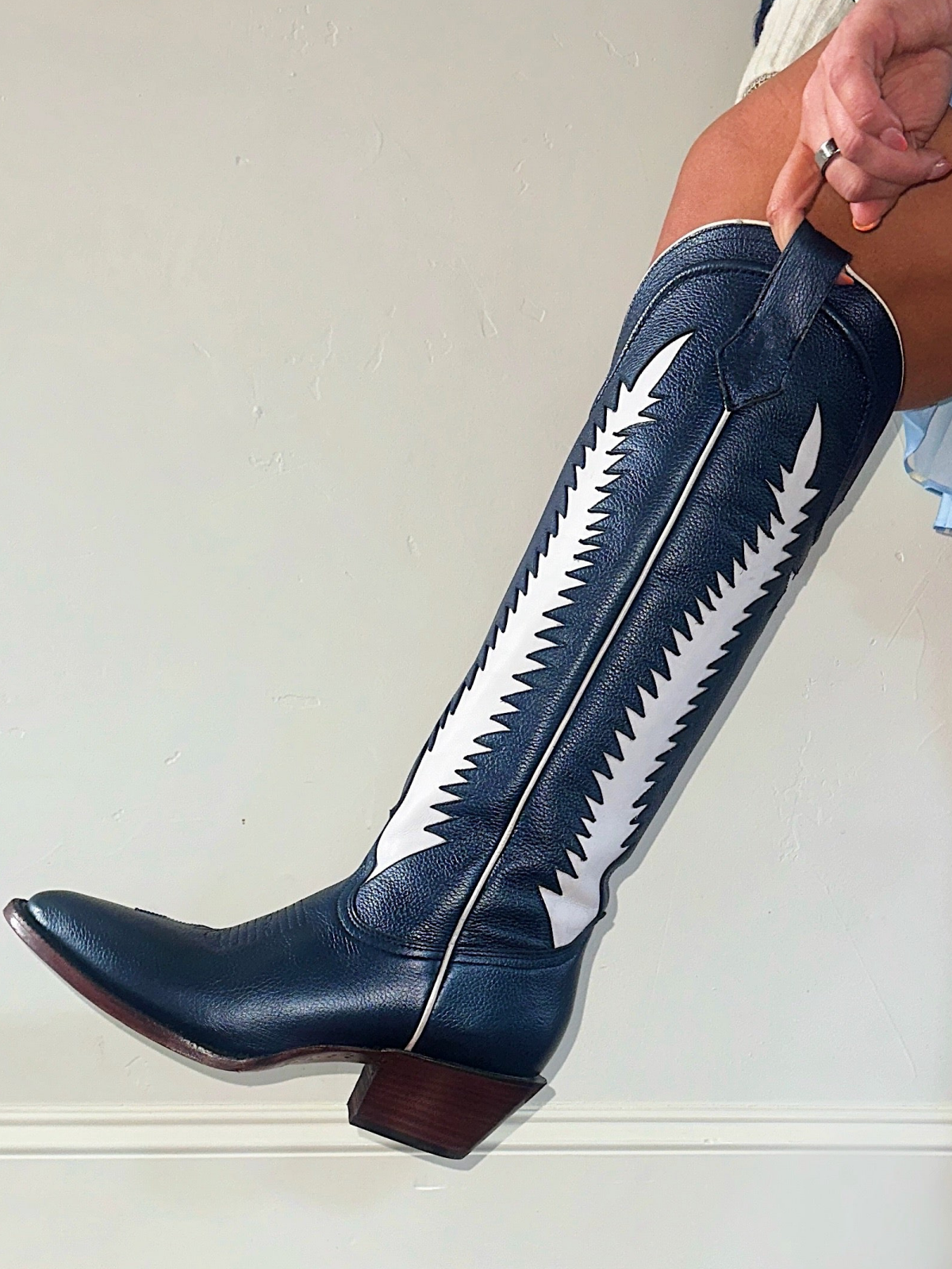 White Inlay Almond-Toe Wide Calf Knee High Tall Cowgirl Boots - Dark Blue