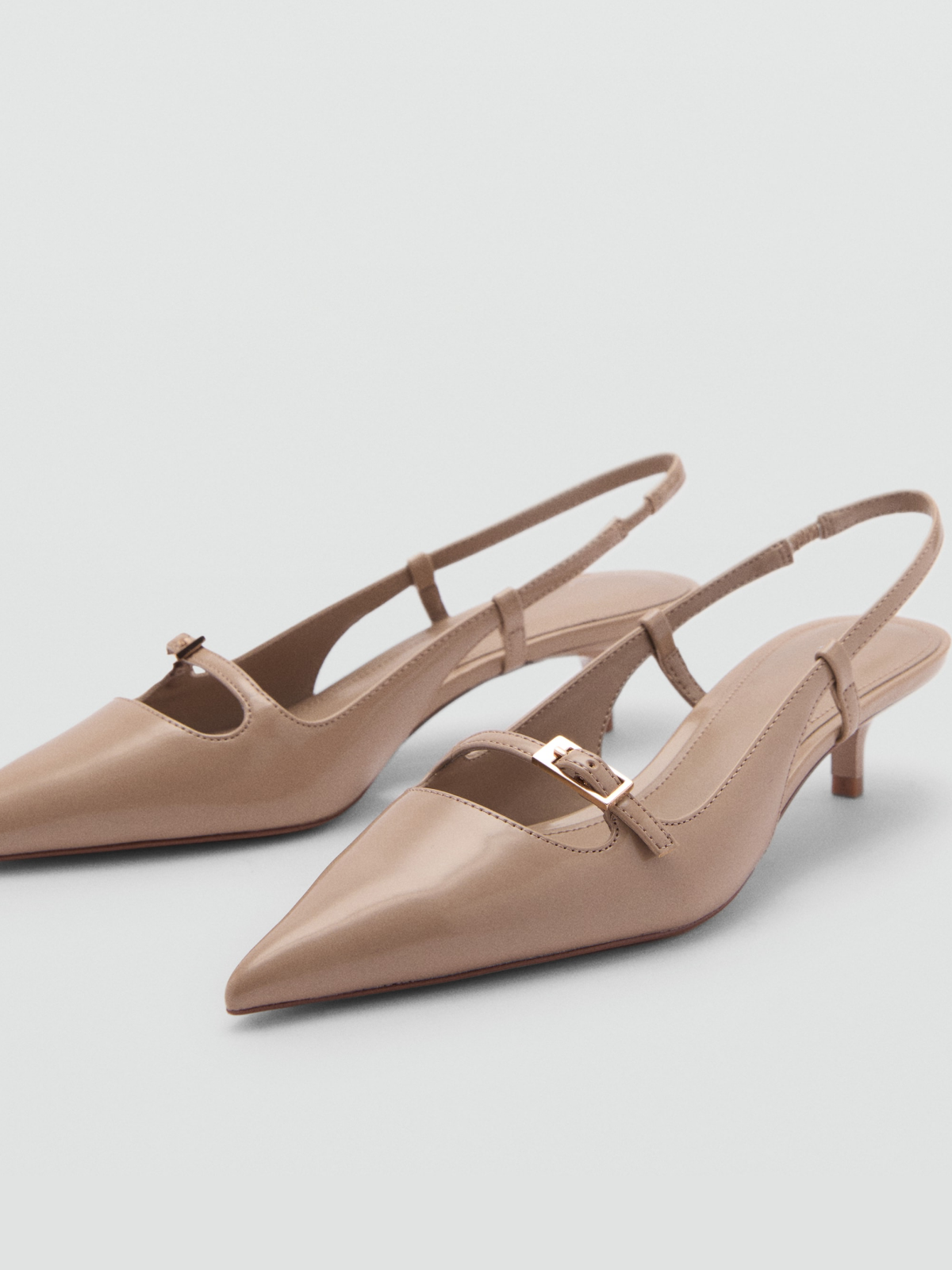 Light Brown Patent Pointed-Toe Slingback Buckle Kitten Heels