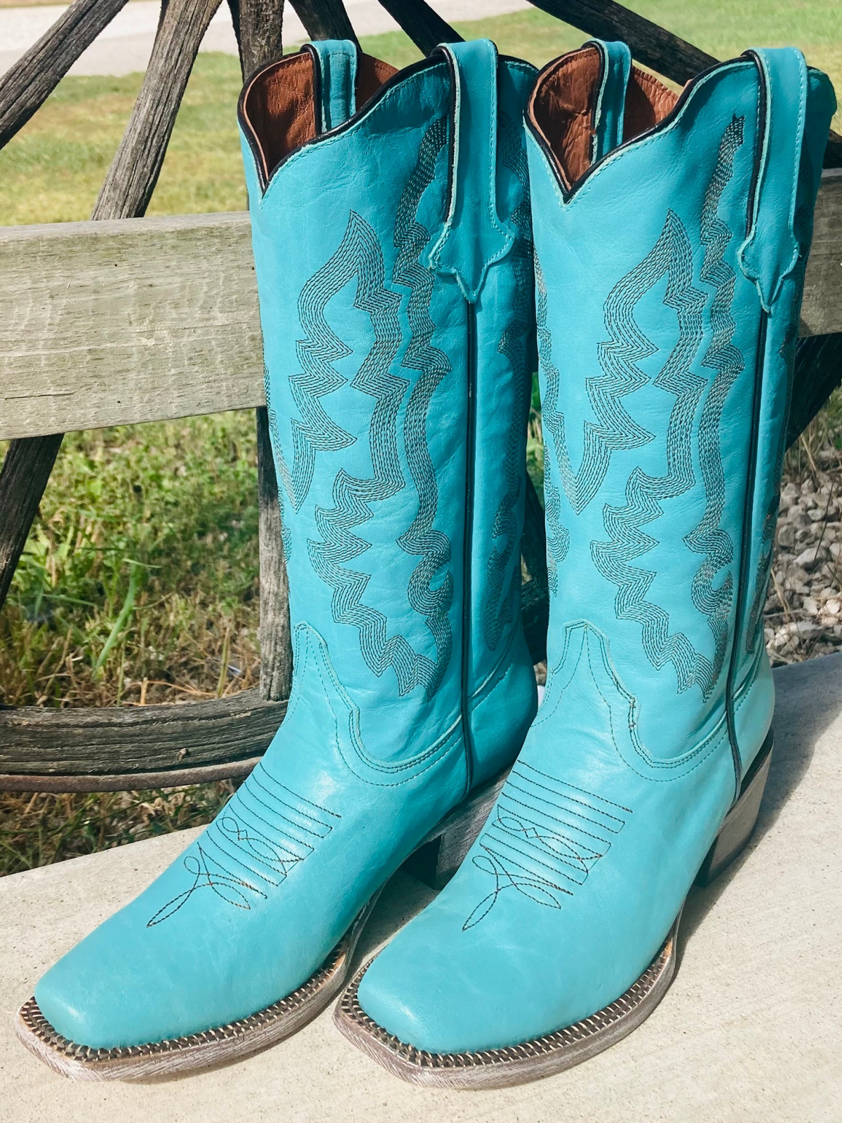 Turquoise Square-Toe Embroidery Wide Mid Calf Tall Cowgirl Boots