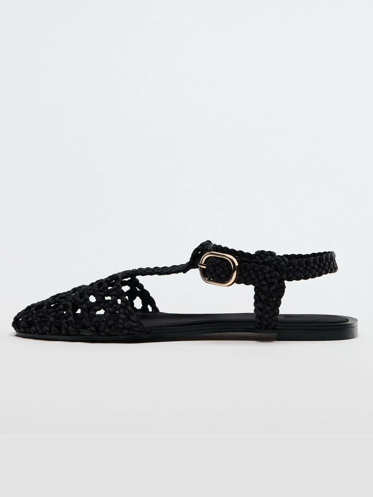 Black Round-Toe Hand Knitting Buckled Ankle Strap Woven Flat Cage Sandals