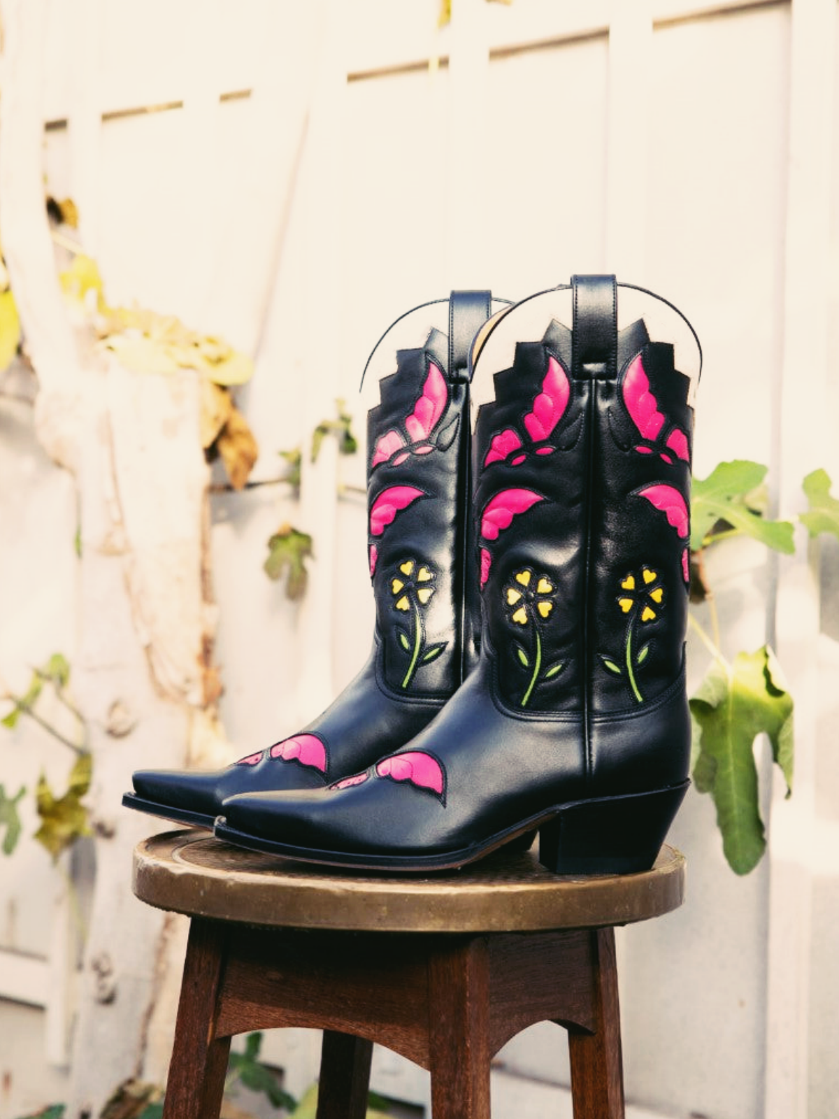 Black Pointed-Toe Wide Mid Calf Western Boots Cowgirl Boots With Pink Butterfly Inlay