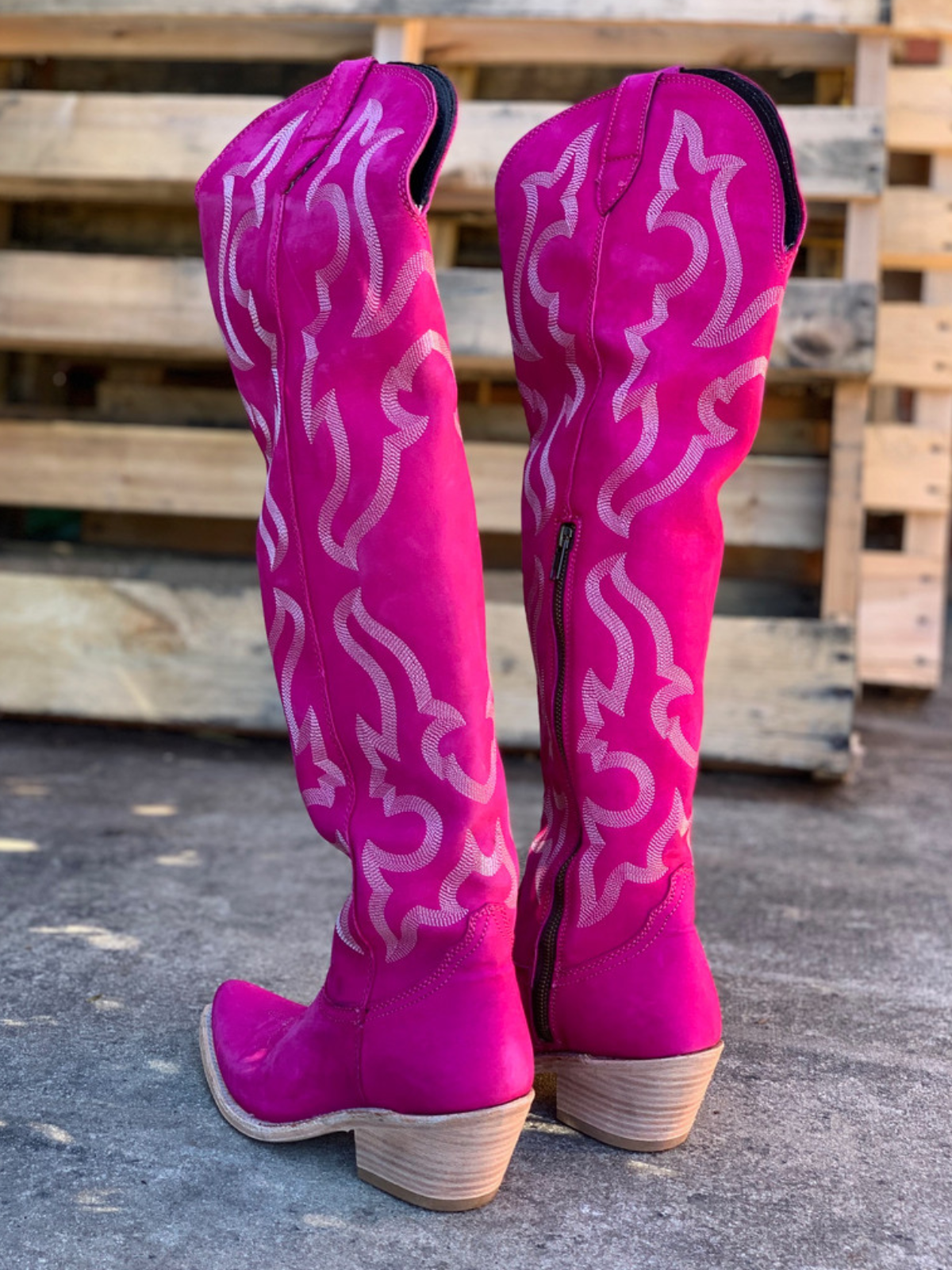 Fuchsia Faux Suede Embroidery Pointed-Toe Half-Zip Over-The-Knee Cowgirl Boots