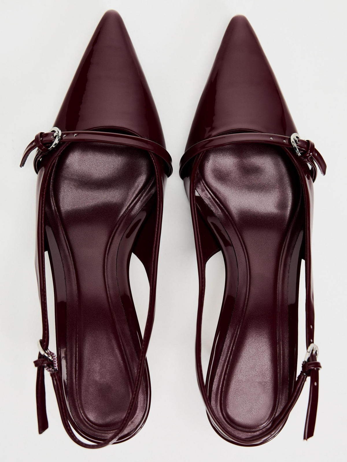 Patent Burgundy Pointed-Toe Front Strap With Buckle Slingback Kitten Heels