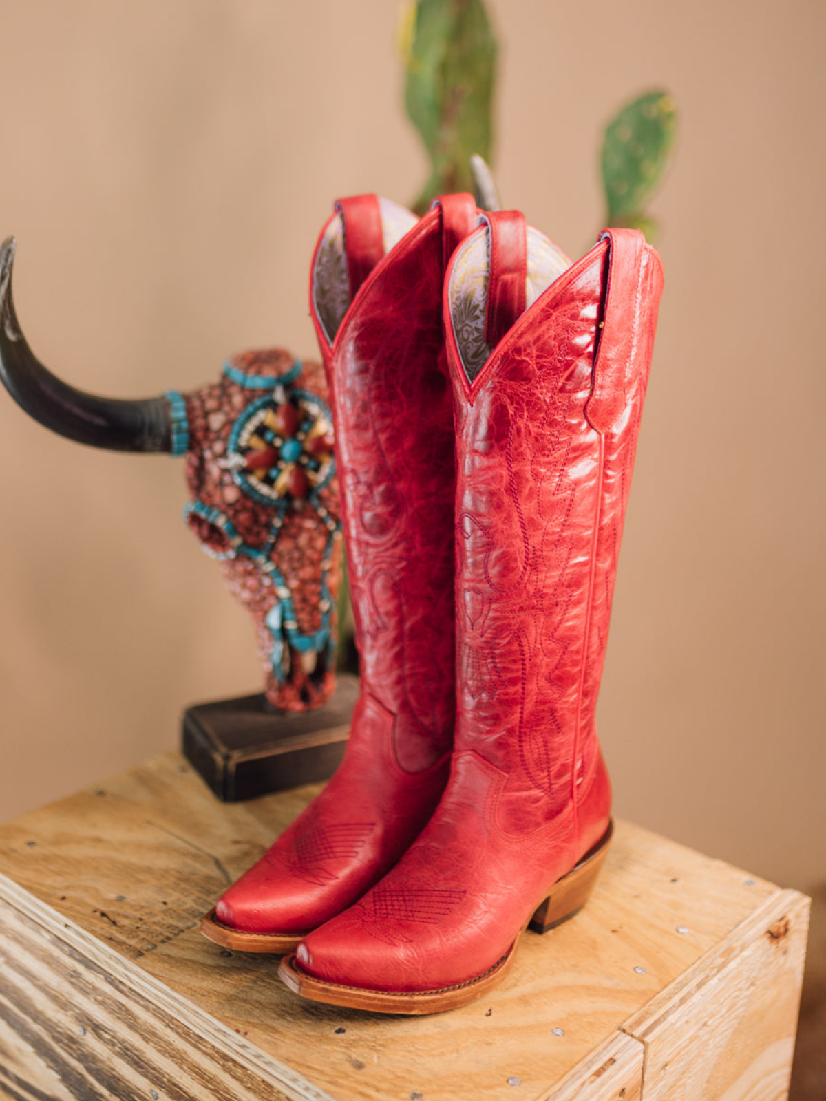 Distressed Red Eagle Embroidery Snip-Toe Half-Zip Cowgirl Knee High Tall Boots