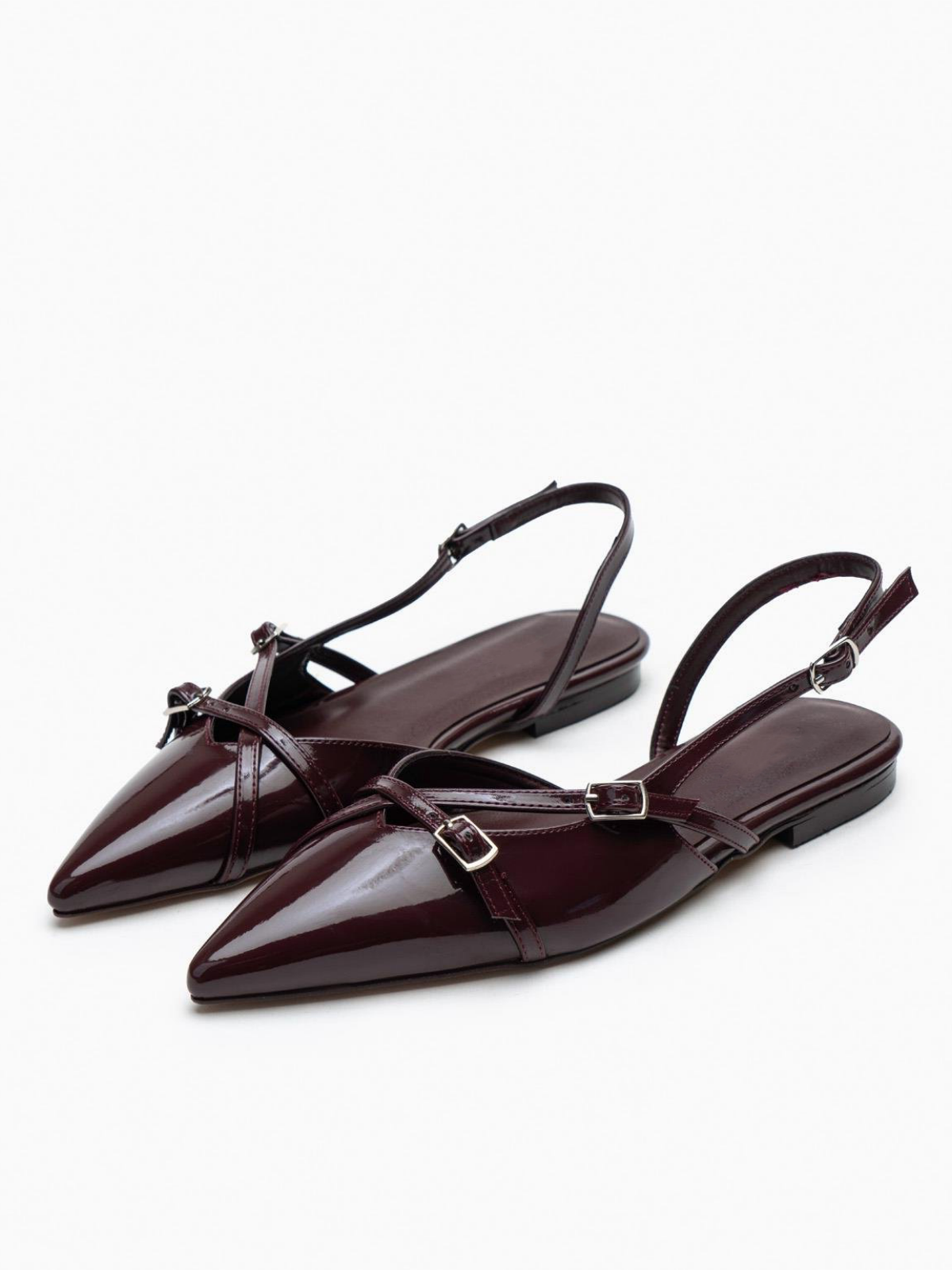 Claret Red Patent Buckled Belt Detail Pointy Ballet Flats Slingbacks