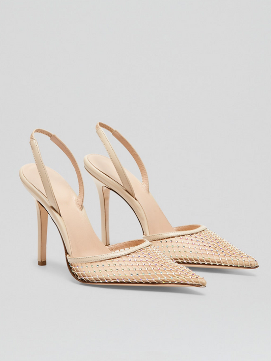 Nude Fishnest Iridescent Rhinestone Pointy Stiletto Slingback Pumps