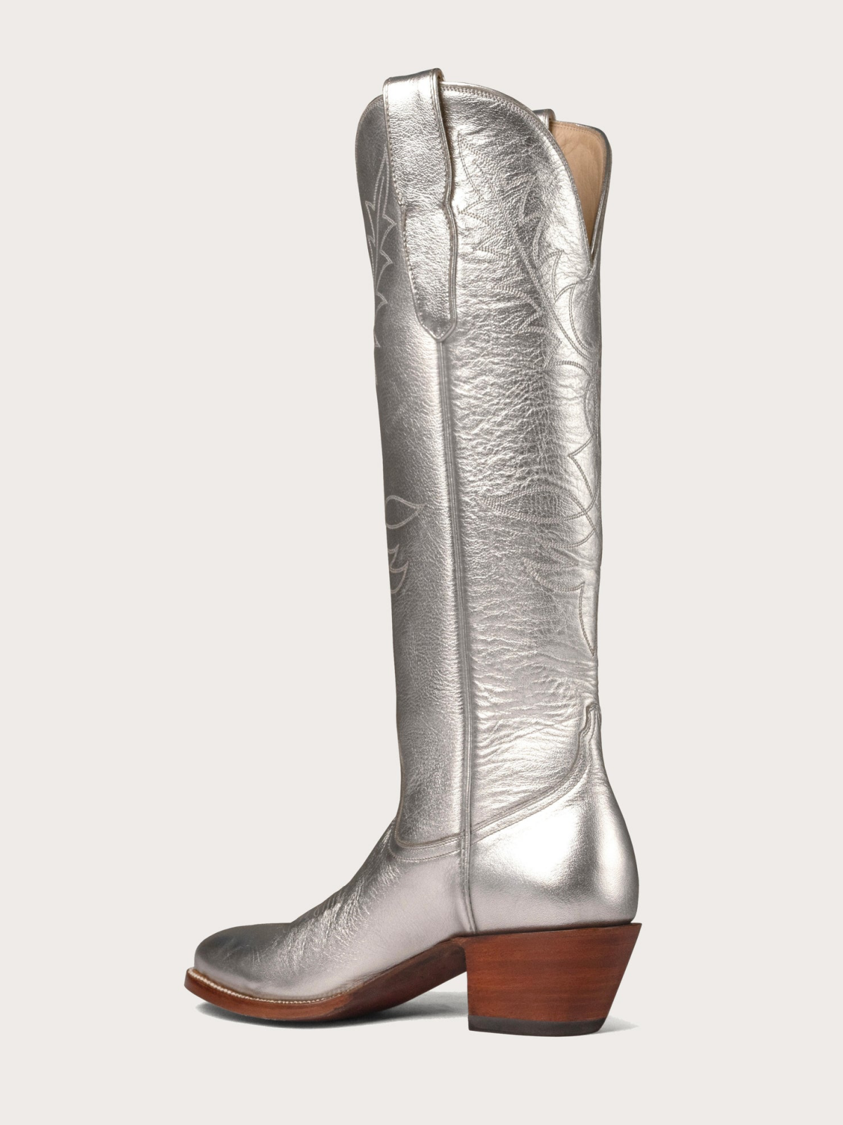 Metallic Silver Round-Toe Embroidery Wide Mid Calf Western Boots