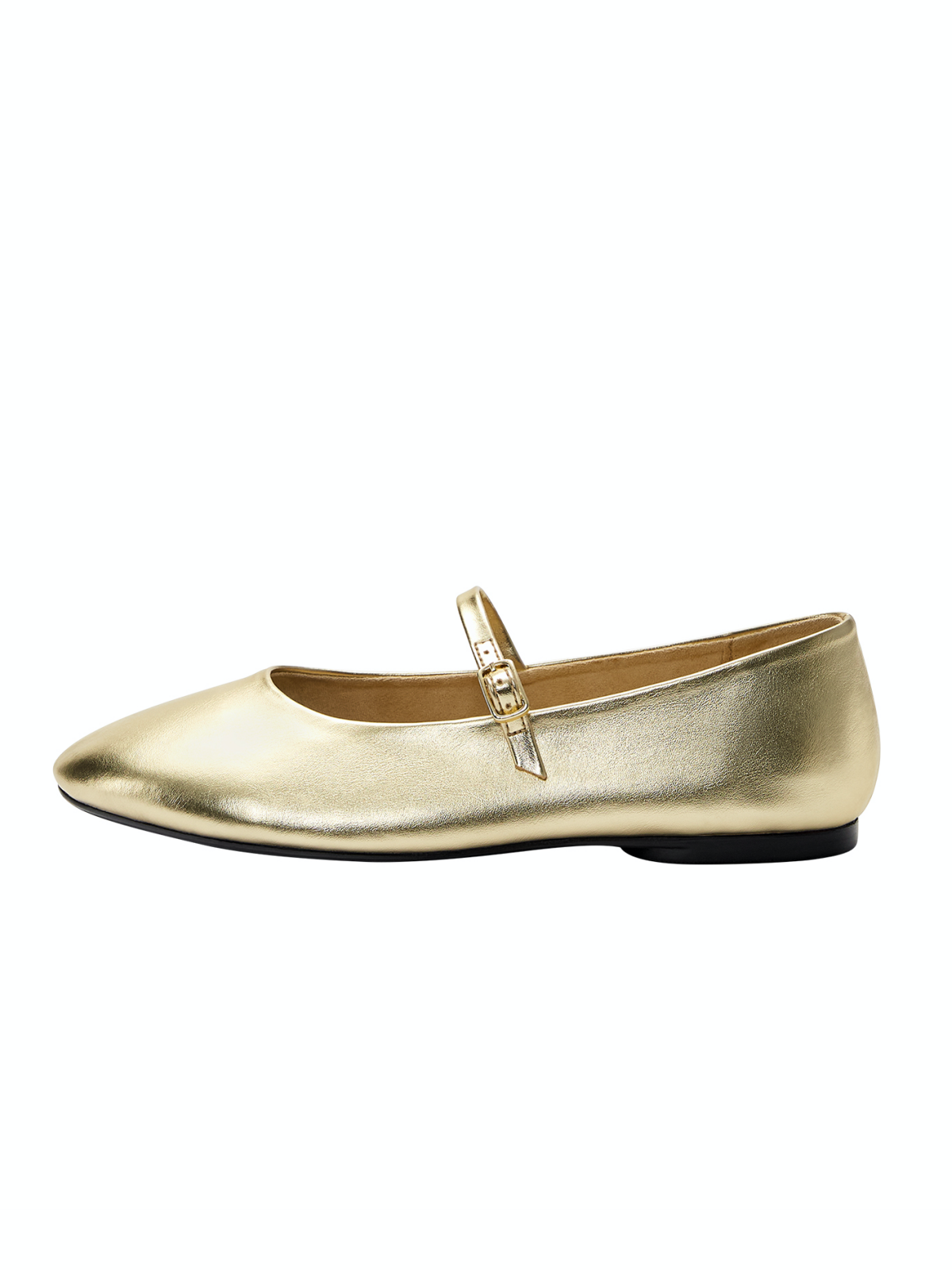 Buckled Detailed Strappy Oval Ballet Flats Mary Janes In Metallic Gold