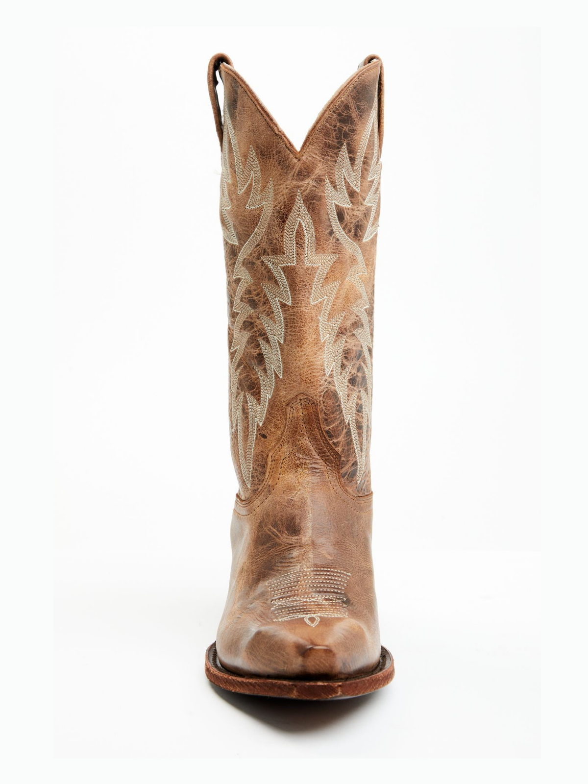 Distressed Classic Embroidery Snip-Toe Wide Mid Calf Tall Cowgirl Boots - Tan