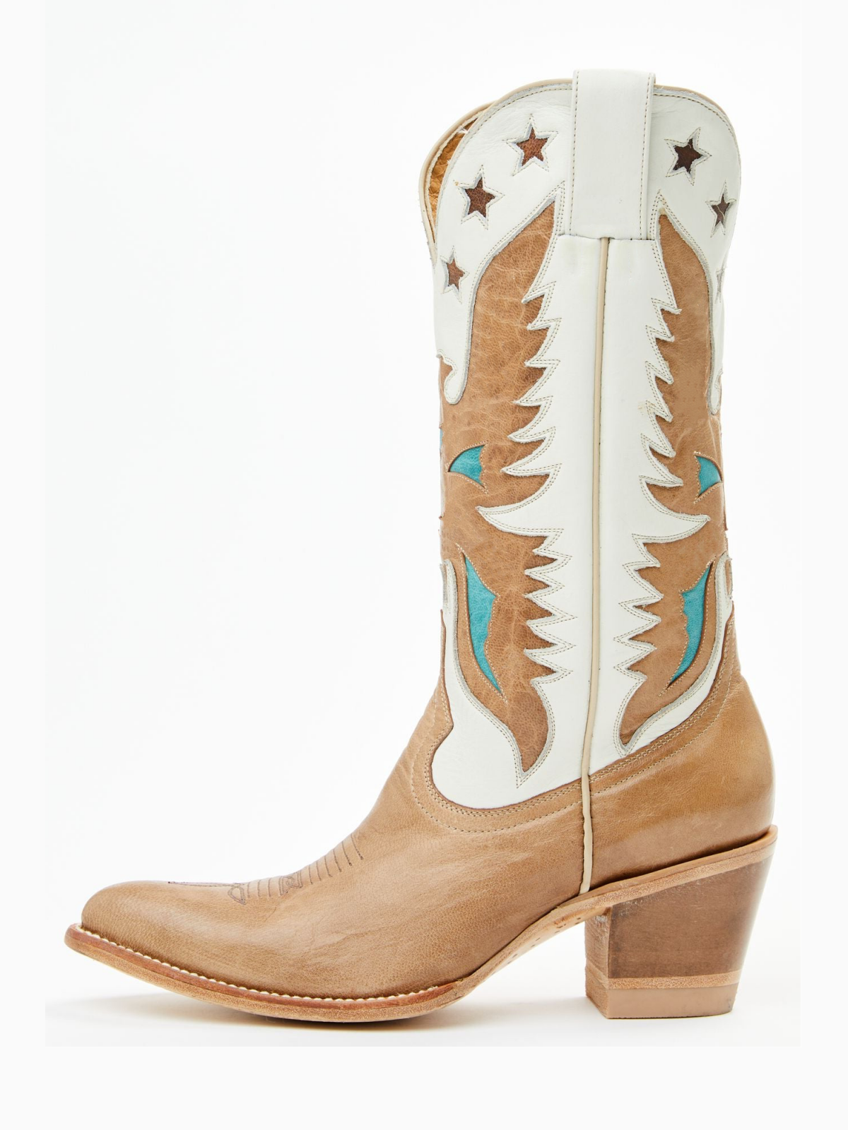 Contrast Tan And Ivory Pointed-Toe Eagle Star Inlay Wide Mid Calf Tall Cowgirl Boots