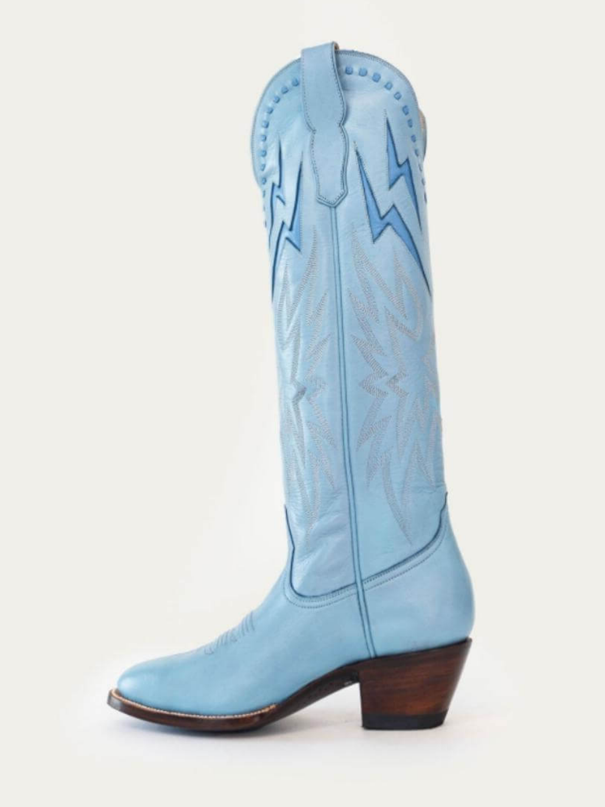 Powder Blue Almond-Toe Embroidery Lightning Inlay Wide Mid Calf Cowgirl Boots