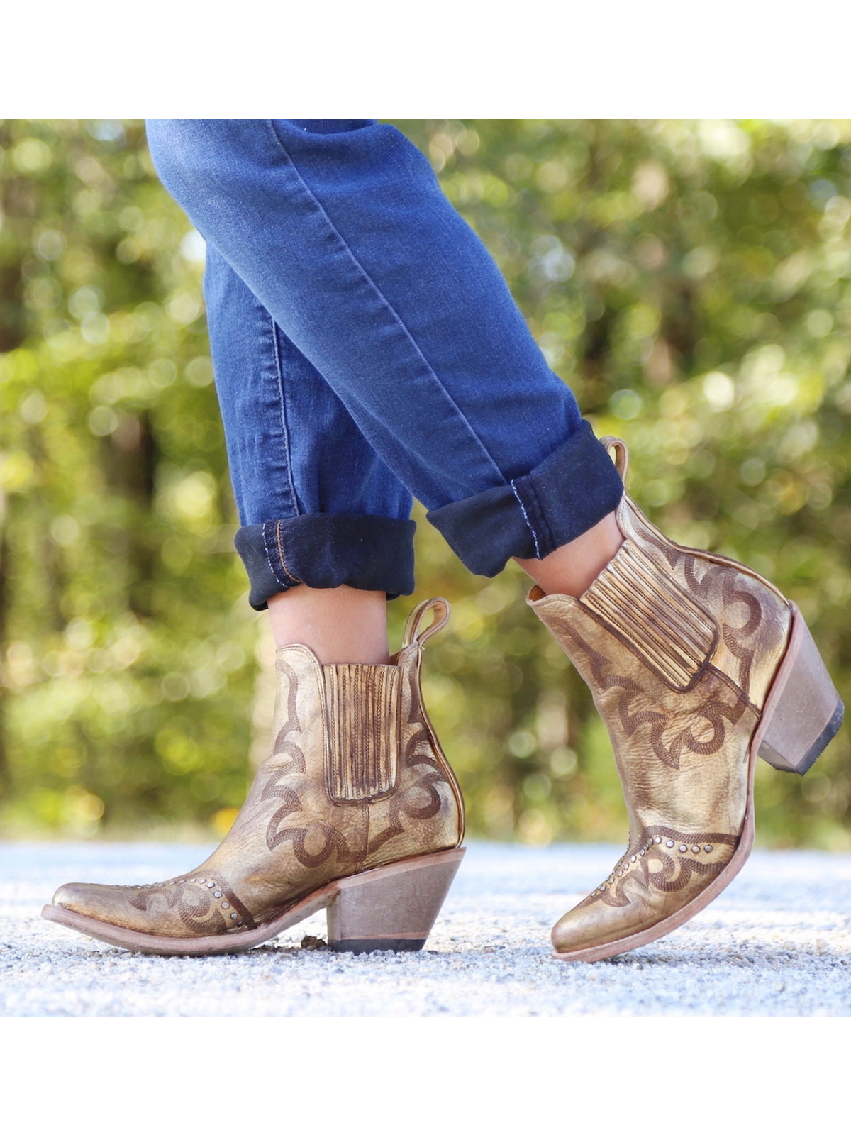 Metallic Almond-Toe Studded Embroidery Wide Mid Calf Cowgirl Boots - Champaign Gold