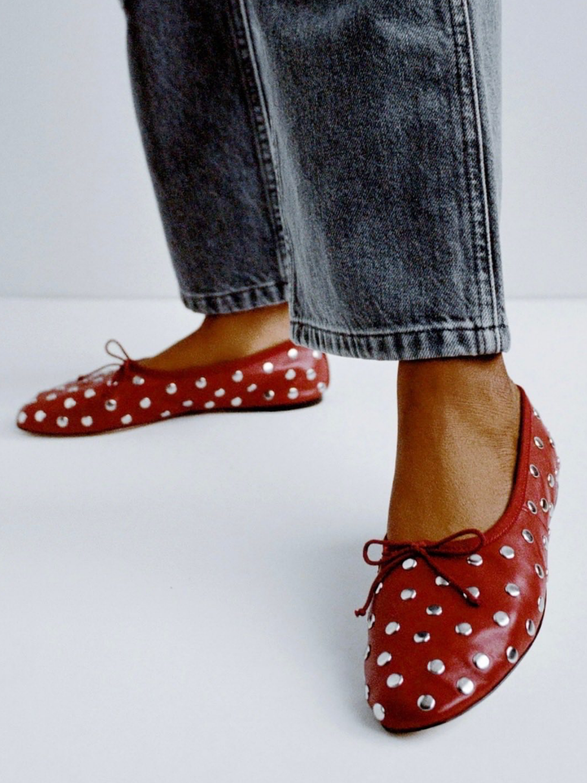 Wine Red Almond-Toe Bow Ballet Flats With Silver Studs