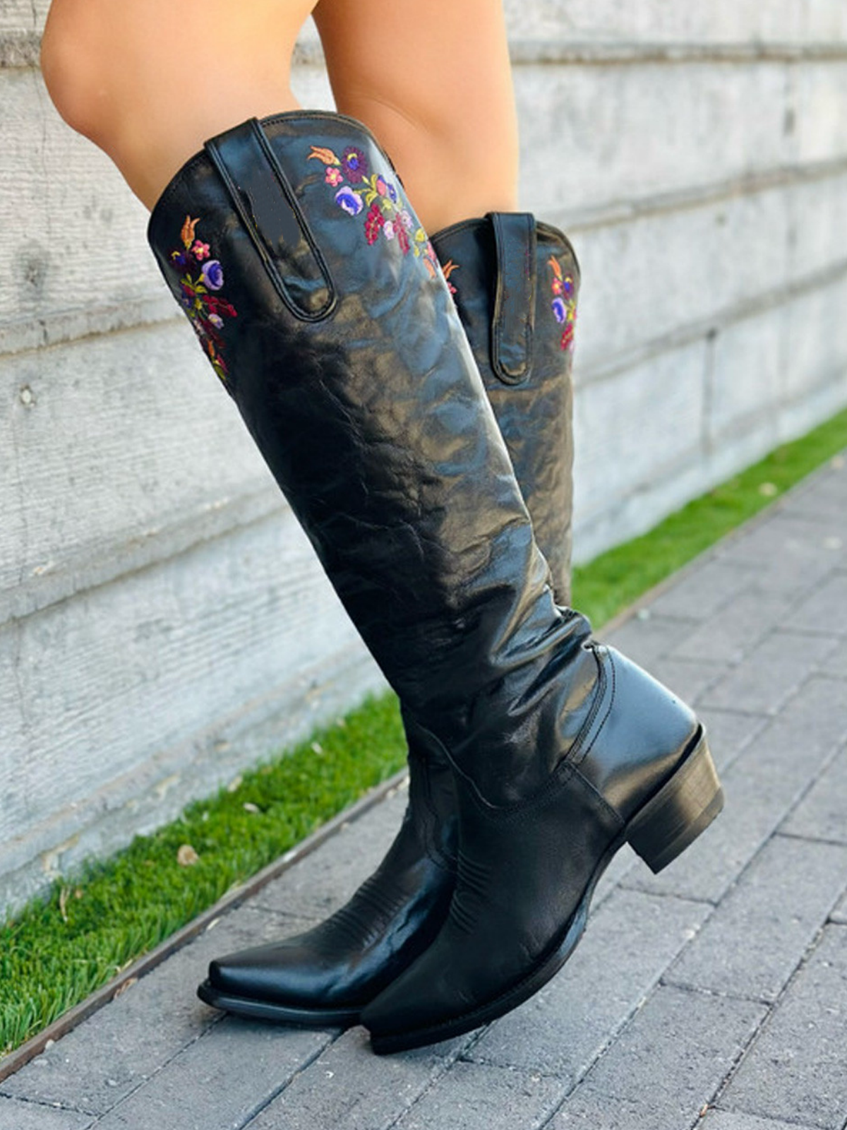 Distressed Black Snip-Toe Colorful Floral Embroidery Half-Zip Tall Knee High Cowgirl Boots