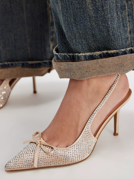 Champagne Gold Satin Pointed-Toe Rhinestone Pump High Heels With Bow And Slingback
