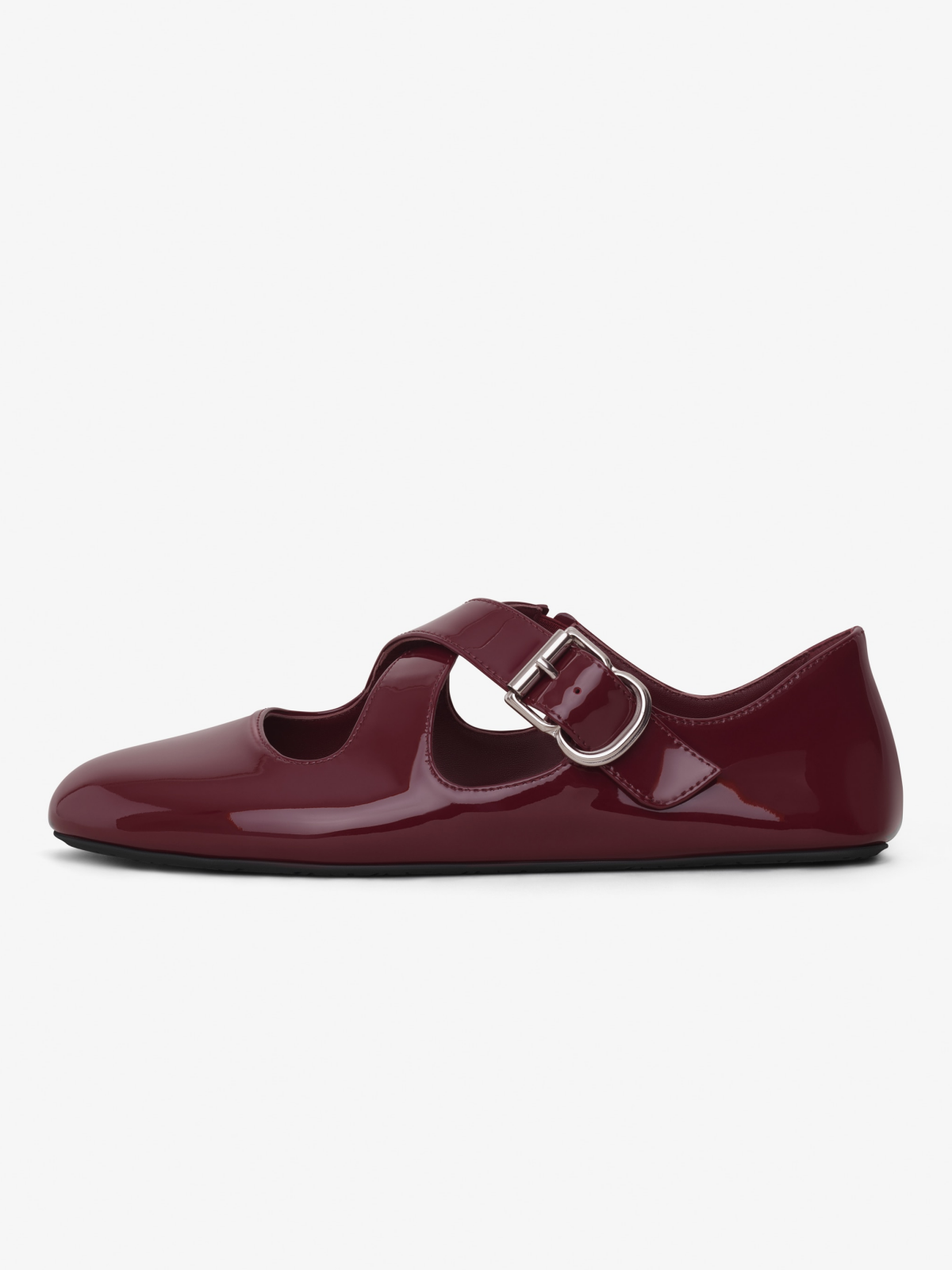 Wine Red Patent Round-Toe Cross Buckle Straps Ballet Flats