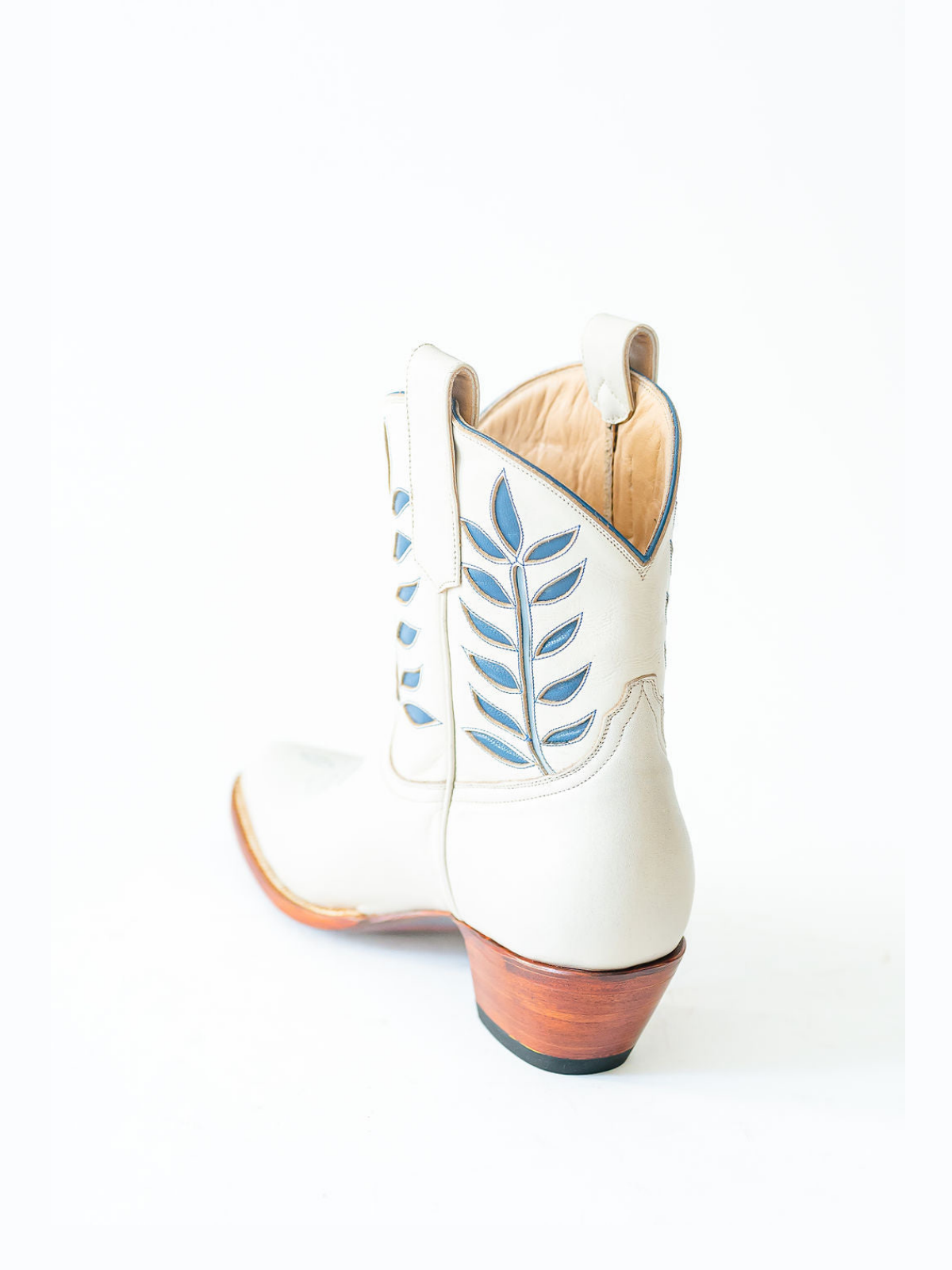 Ivory Almond-Toe Blue Leaves Inlay Wide Mid Calf Cowgirl Boots